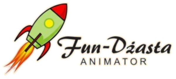 Logo firmy "Fun-Dżasta ANIMATOR" z kreskówkową rakietą kosmiczną. Rakieta jest zielona z czerwoną czubką i statecznikami, z żółtym oknem, a z jej spodu wydobywają się czerwono-żółte płomienie. Nazwa firmy jest napisana czarną, stylizowaną czcionką.